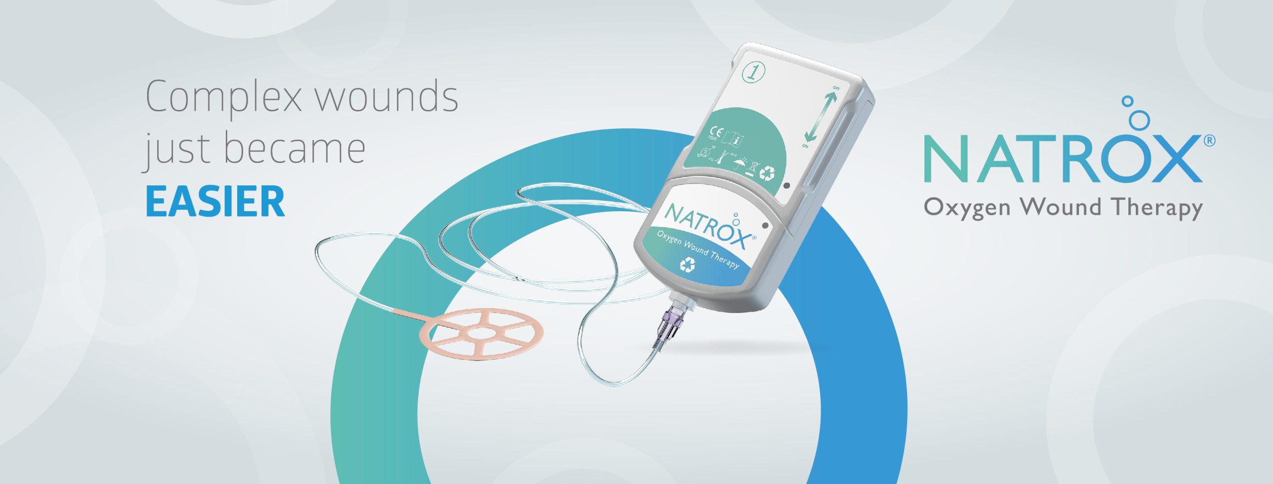 The NATROX Oxygen Wound Therapy device with its tubing and wound dressing
