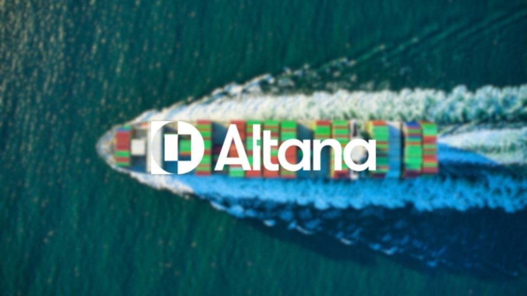 Altana's logo overlaid on a blurred version of the aerial view of the container ship photo.