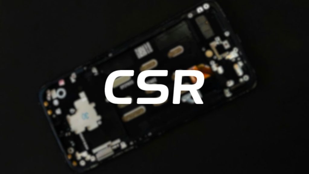 CSR company logo overlaid on a photo showing the internals of a smartphone used to represent the technology developed by CSR which enabled Bluetooth in mobile devices.