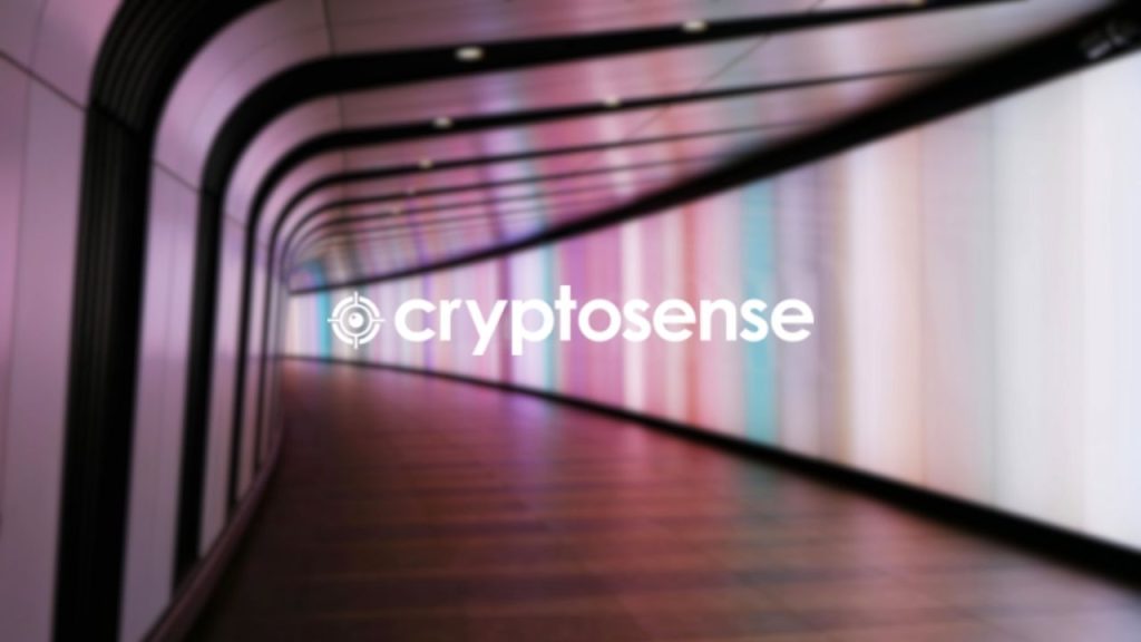 Cryptosense company logo overlaid on a background image of an empty walkway tunnel in a transport system with a wall lit on one side. The image represents Cryptosense technology which was used to secure data across applications and infrastructure.