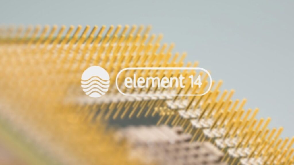 Element14 company logo overlaid on a close up image of a computer chip used to represent Element14's fabless chip design for broadband.