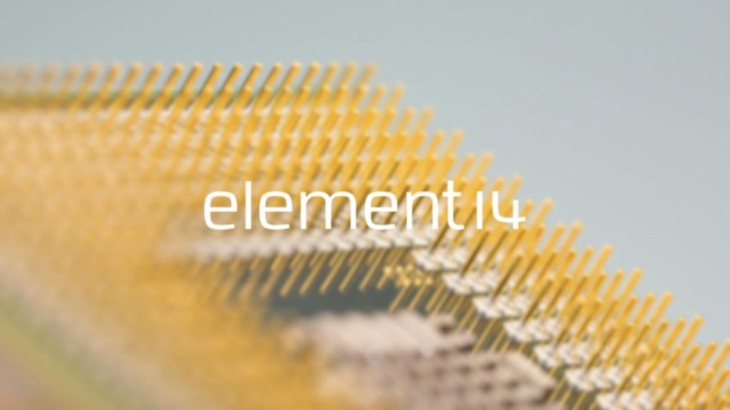 Element14 company logo overlaid on a close up image of a computer chip used to represent Element14's fabless chip design for broadband.