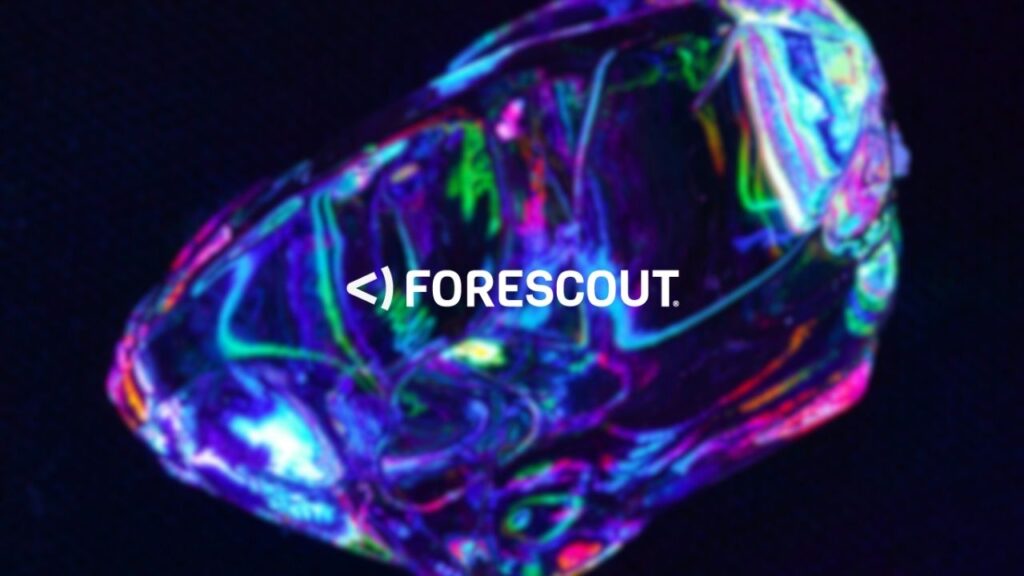 Forescout company logo overlaid on a conceptual image of a glass structure with multiple colours projected through it to represent its agentless visibility, compliance and control for every IT, IoT and OT device on enterprise networks technology.
