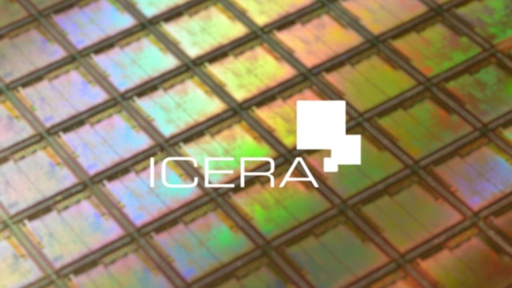 Icera company logo overlaid on a macro photo of a metallic circuit board showing a grid of semiconductor chips.