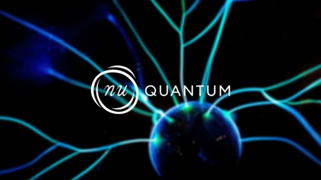 Nu Quantum company logo overlaid on a photo of spherical nucleus-like structure with several lighting-like branches in contact with it. This is to signify the quantum entanglement fabric necessary to enable quantum networking, the hardware which Nu Quantum is developing.