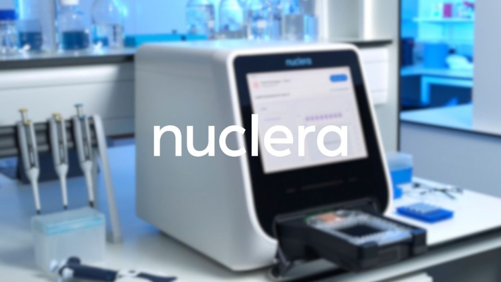 Nuclera company logo overlaid on a laboratory photo showing Nuclera's eProtein Discovery system for rapid, automated protein production. The device has a large screen on the front and a tray which pops out from beneath for dispensing the created protein.
