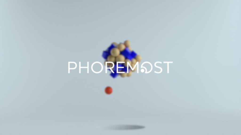 Phoremost company logo overlaid on a conceptual image of spheres and blocks grouped together like a compound to represent the process of drug discovery and creation.