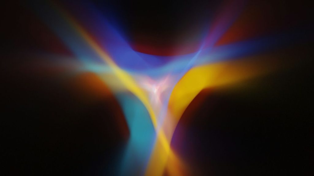 a digital art illustration showing different coloured light beams intersecting to represent the silicon spin approach to quantum computing used by Photonic.