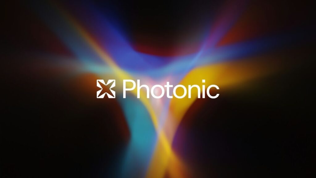 Photonic logo overlaid on a photo representing light used in silicon photonics.