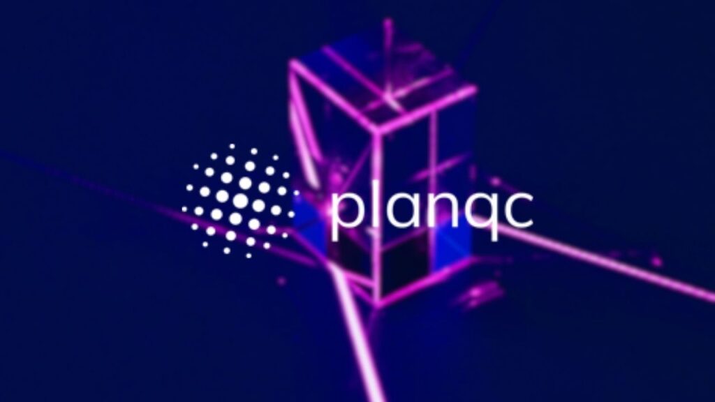 planqc logo overlaid on intersecting pink lasers and transparent cube, illustrating the company’s scalable neutral-atom quantum-computing platform.