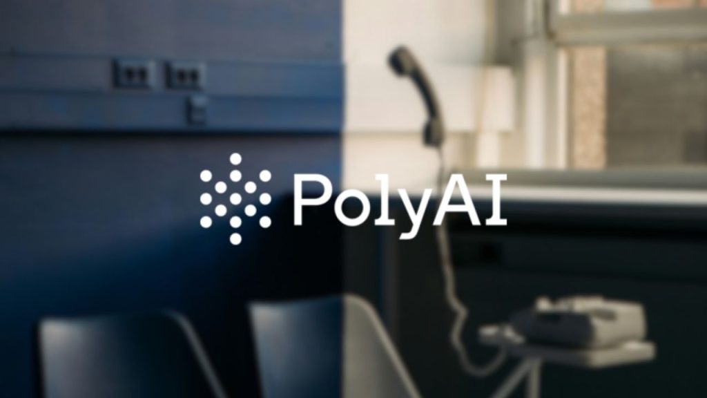 PolyAI company logo overlaid on a photo of a telephone handset floating in mid-air as if the caller is invisible. The photo is a representation of the extremely lifelike voice AI agents which PolyAI develop for business contact centres.