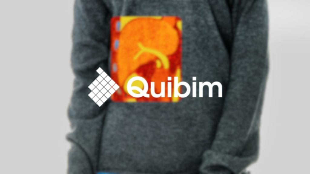 Quibim company logo overlaid on a photo of the midsection of a person with a Quibim scan of the liver overlaid, showing the QP Liver functionality.