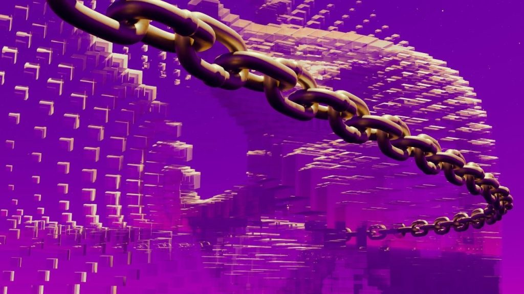 a computer-generated image showing a wave like structure of blocks sourrounded by a chain. The iage is representative of the fraud-prevention software created by Ravelin.