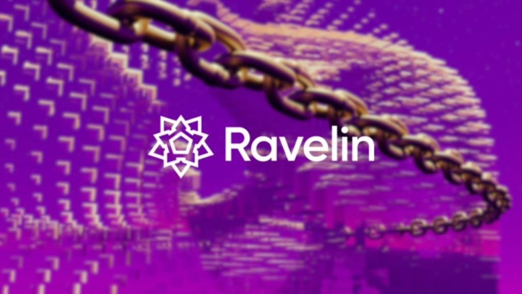 Ravelin company logo overlaid on a computer-generated image showing a wave like structure of blocks sourrounded by a chain. The iage is representative of the fraud-prevention software created by Ravelin.