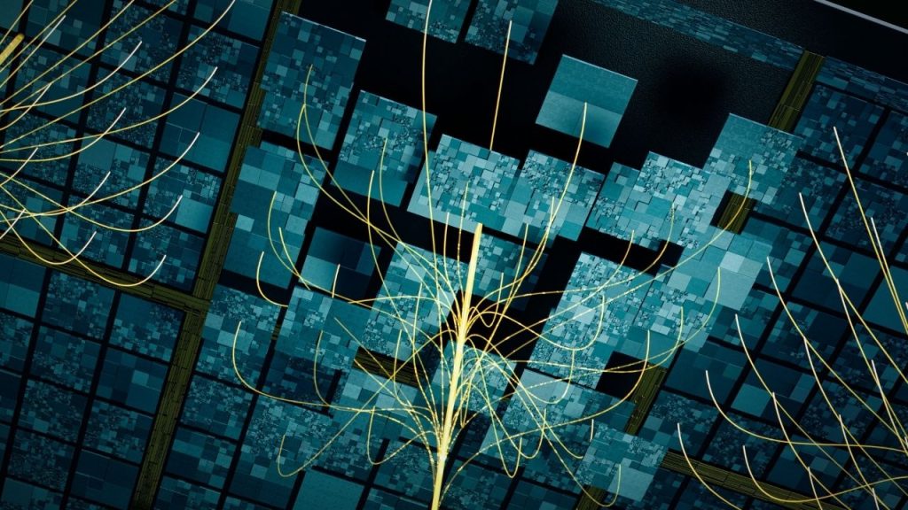A computer-generated design which shows daata flowing into and through several tiles which represent the decoding layer of Riverlane's quantum technology stack.