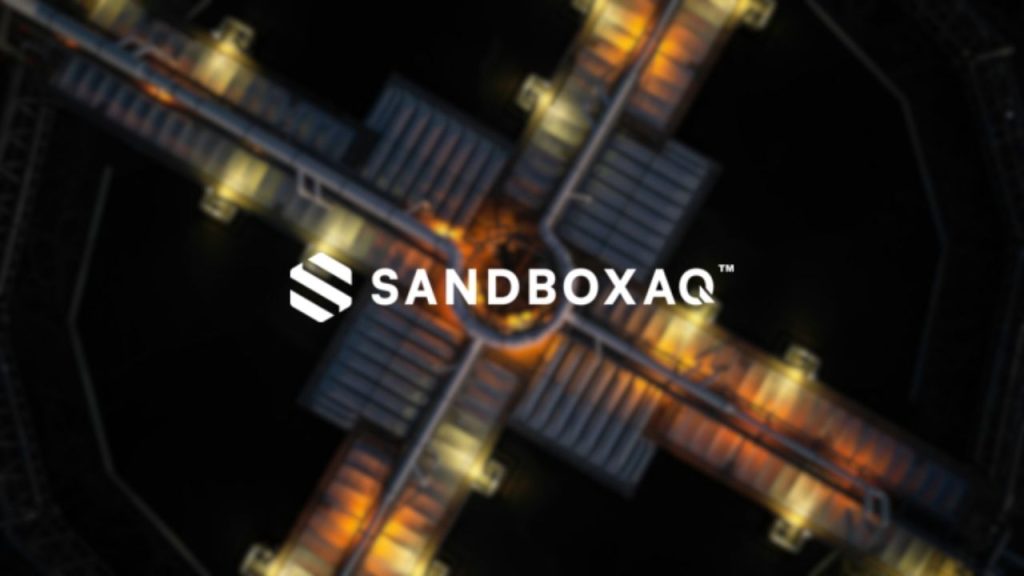 SandboxAQ company logo overlaid on an aerial photo of an intersection of pipework on top of a building which represents the combining of quantum and AI technology that SandboxAQ is creating.