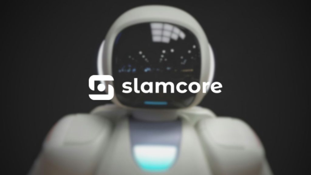 Slamcore company logo overlaid on a portrait photo of a humanoid robot which is representative of SLAMcore robotics technology.