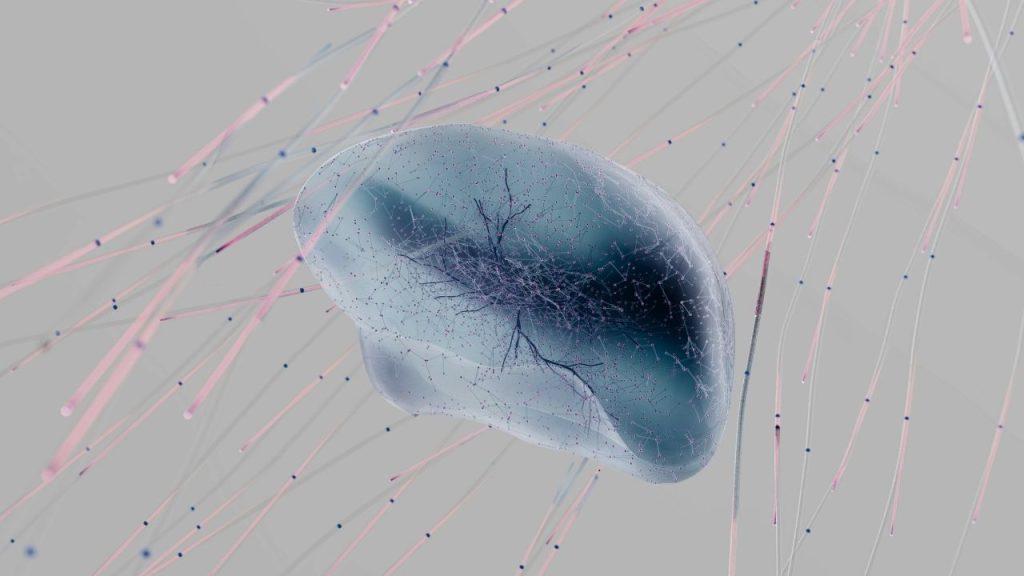 a computer-generated image of a human brain-like structure which shows the neural pathways within. This is representative of the neuro-symbolic approach AI which Unlikely AI is developing.