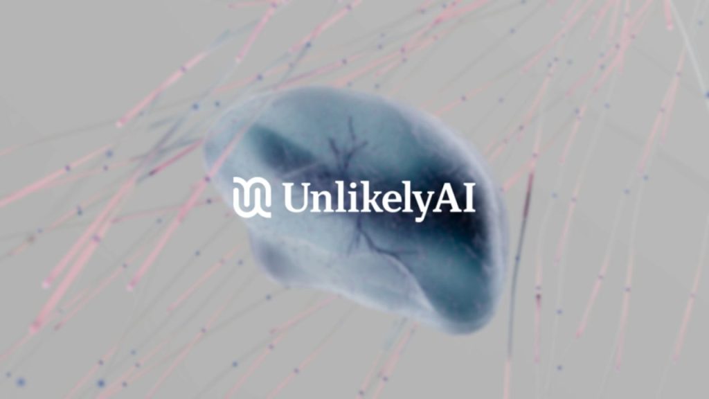Unlikely AI company logo overlaid on a computer-generated image of a human brain-like structure which shows the neural pathways within. This is representative of the neuro-symbolic approach AI which Unlikely AI is developing.