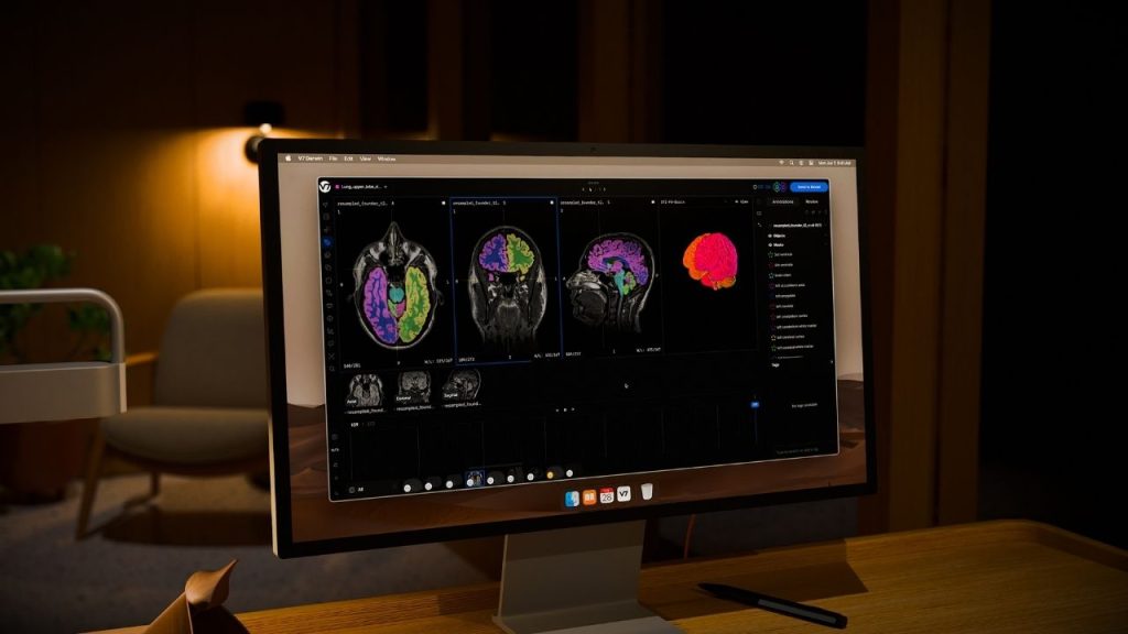 a computer screen on a desktop in a home office setting which is displaying some scans of a brain being arranged using the V7 Go platform.