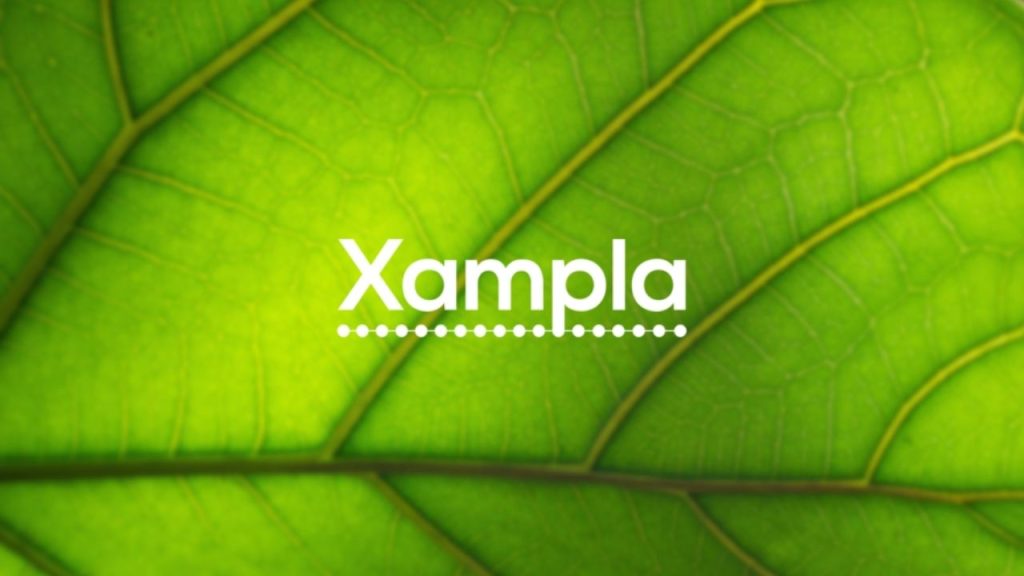 Xampla company logo overlaid on a a macro image of plant leaf used to represent the plant-derived plastic replacement coatings and materials created by Xampla.