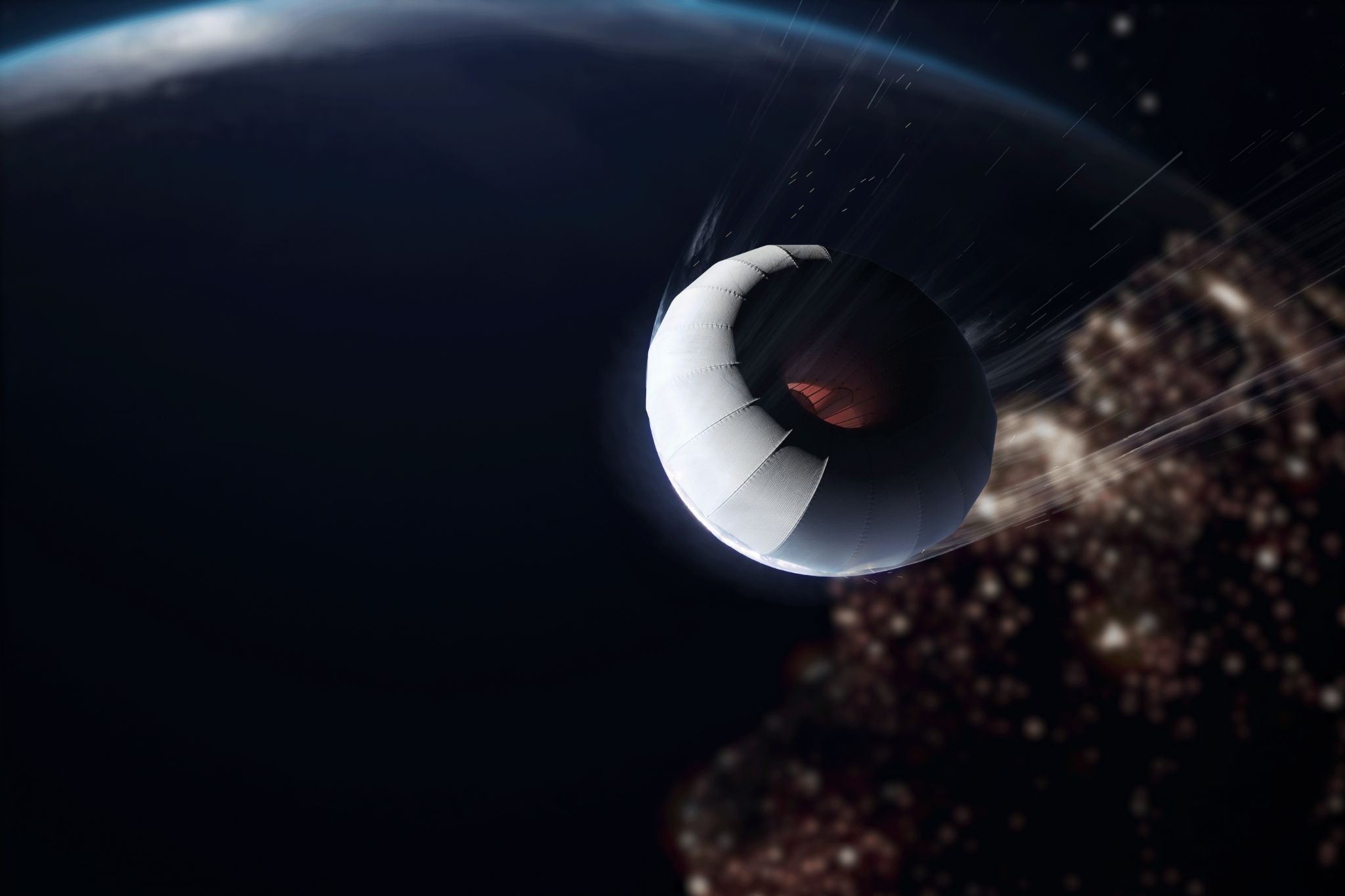 A rendered image of the ATMOS Space Cargo Phoenix 1 capsule re-entering the Earth's atmosphere.