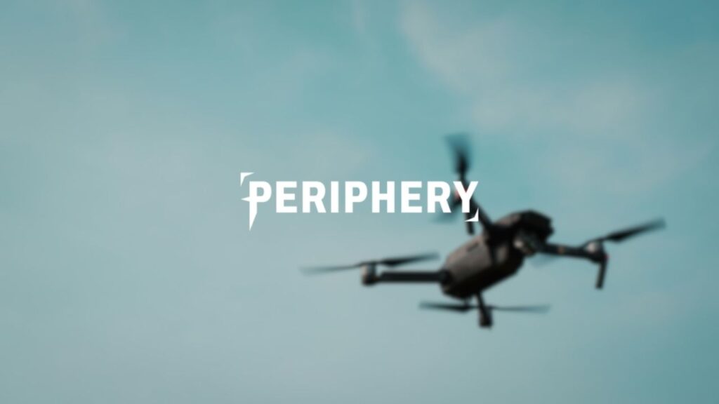 Periphery company logo on a photo of a drone hovering in the sky which represents one of the areas Periphery's embedded and extended Internet of Things (XIoT) platform protects, along with other IoT devices.