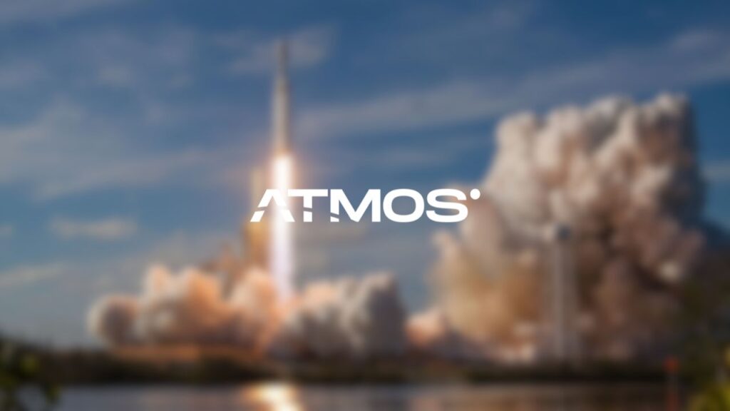 ATMOS Space Cargo company logo overlaid on a photo of a rocket blasting off from a launch pad.