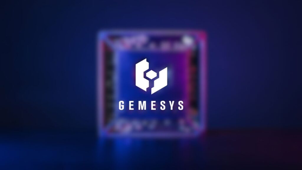 Gemesys company logo overlaid on a photo of an AI chip developed by the company.