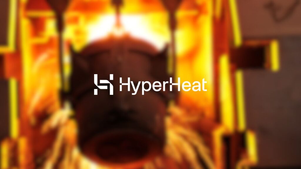 HyperHeat company logo overlaid on a background photo of a steel smelting crucible full of red-hot liquid steel, which shows a stage of the process which HyperHeat enables with its energy efficient electrical heaters.