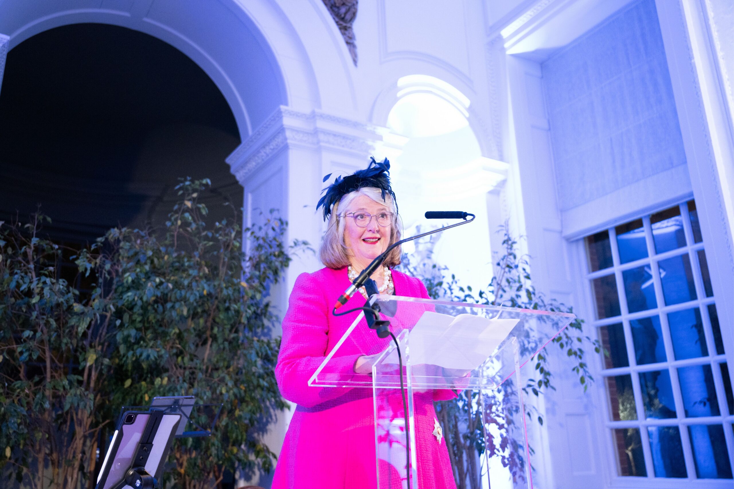 Dame Anne Glover delivers a speech at the celebration of her investiture at Kensington Palace.
