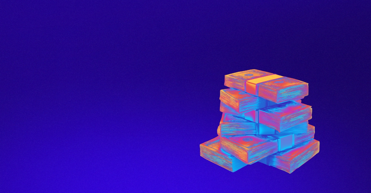 A stack of bank notes on a blue gradient background used to represent pre-seed funding for deep tech.