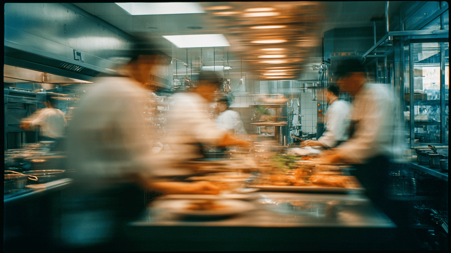 An AI-generated image of a restaurant kitchen scene captured from a film camera with motion blur.