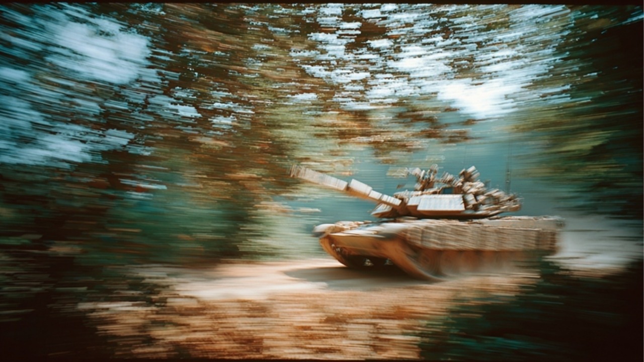 An AI-generated image of a tank moving quickly through a forest scene, captured with motion blur.