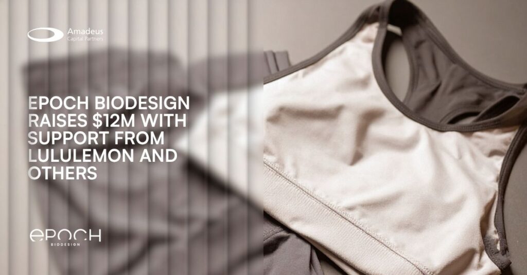 An image of exercise clothing overlaid with the news of Epoch Biodesign's $12m funding round with support from Lululemon.