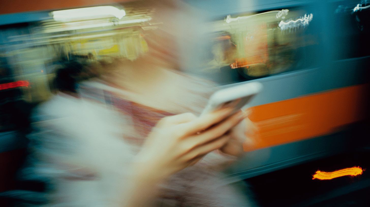 A woman using a phone in an underground metro. This image was created using generative AI.