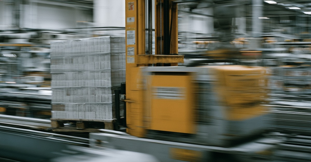 An AI-generated image of an automated robot forklift moving at speed through a factory environment while it carries a pallet of goods.